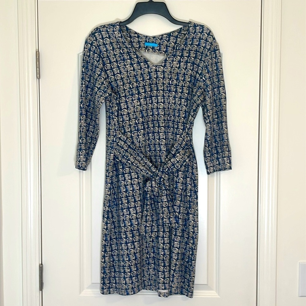 J. Mclaughlin Blue Floral Catalina Stretch Tie-Waist 3/4 Sleeve Dress Size L